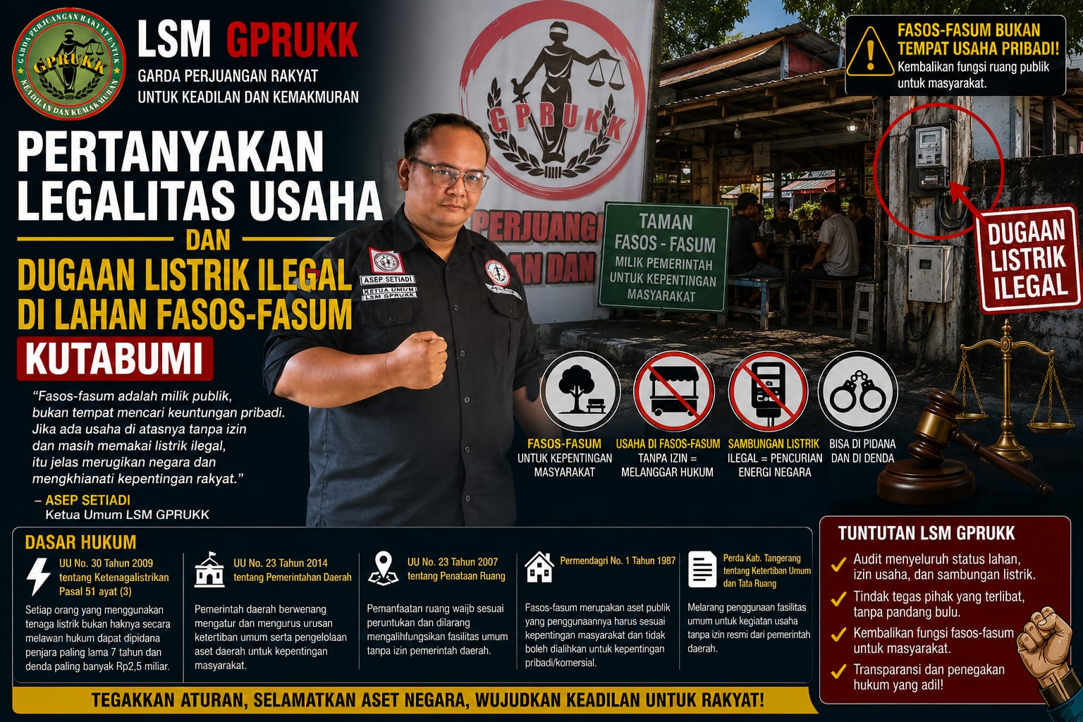 LSM GPRUKK Pertanyakan Legalitas Usaha dan Dugaan Listrik Ilegal di Lahan Fasos-Fasum Kutabumi